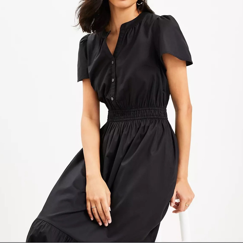 LOFT button front Black Midi Dress